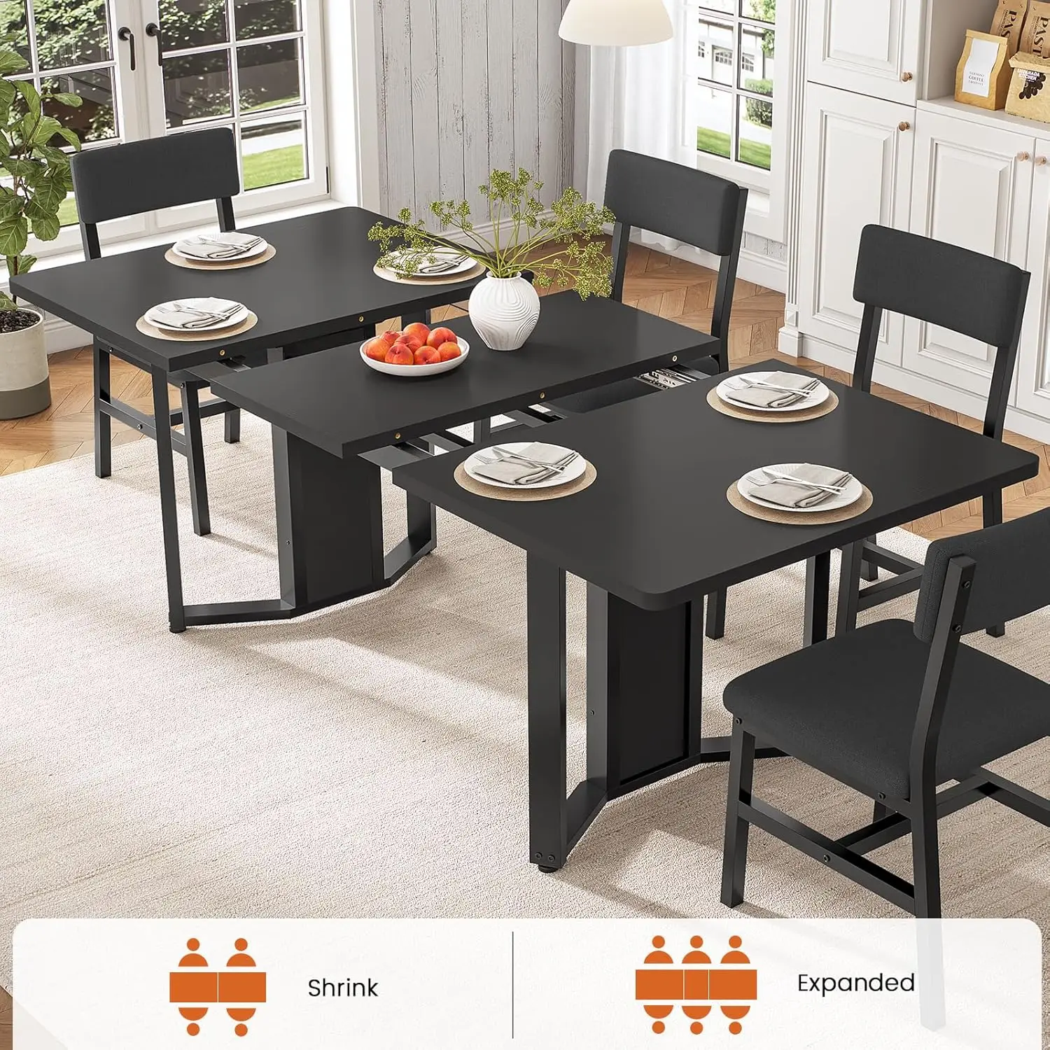 5-Piece Dining Table Set for 4-6 People, 63" Extendable Kitchen Table and 4 Cushion Chairs, Dining Room Table with MDF Board