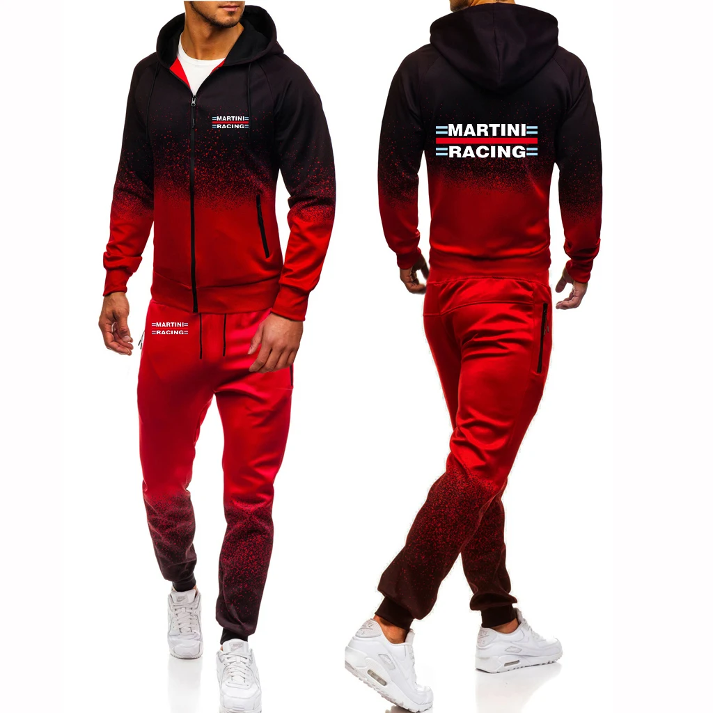 2023 new men's spring and autumn martini racing print leisure gradient high quality hooded sweatpants 2Pcs suit