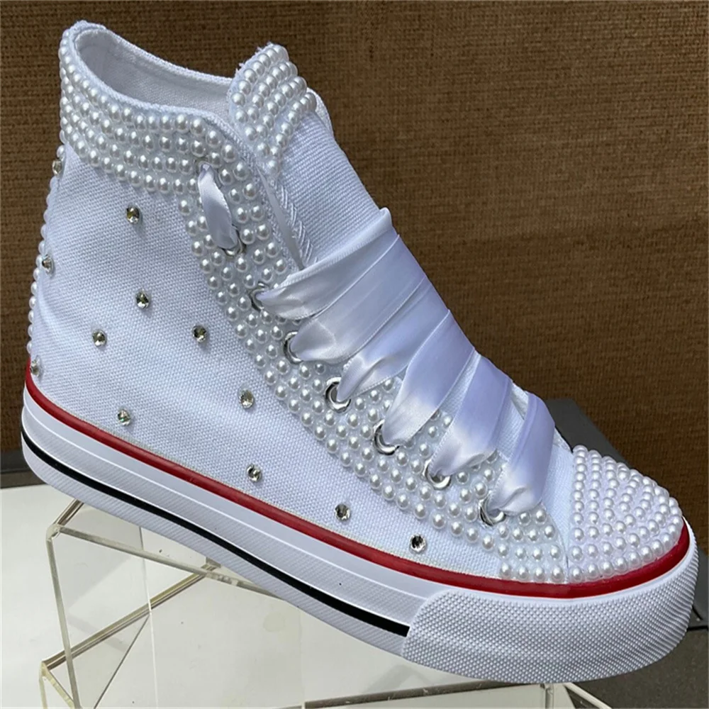 White high top pearl rhinestones ribbon style canvas shoes integrated sports casual shoes women's 35-44