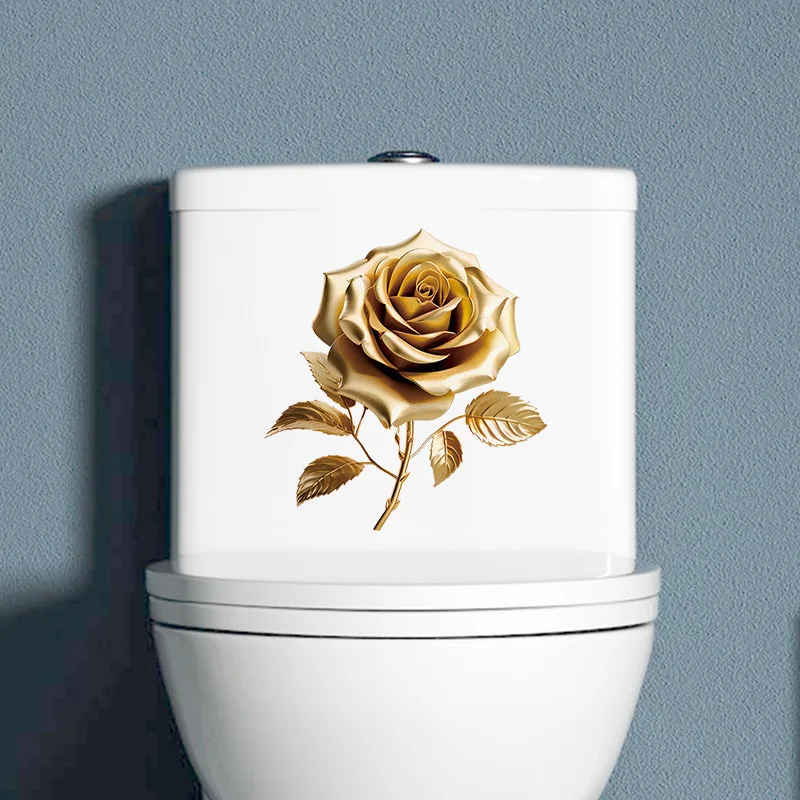 Golden Rose Toilet Stickers Bathroom Wall Sticker PVC Self Adhesive Flower WC Sticker Home Bathroom Decoration Decals
