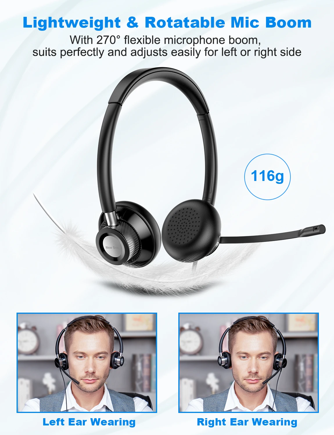New Bee H361 비즈니스 헤드폰, 마이크 음소거 USB 헤드셋, 회전식 마이크, 소음 차단 콜센터, PC 3.5mm