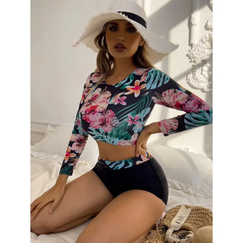 Sexy Long Sleeve Women's Swimsuit High Waist Bikini Shorts Floral Print Swimwear Two Pieces Bathing Suit Brazilian Beachwear