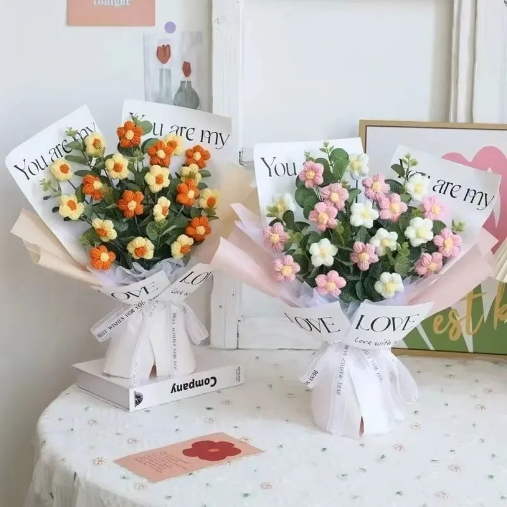 1pc Crochet Flowers Bouquet Finished Graduation Flower Bouquet With Gift Bag Led Lamp String Festival Decoration Handmade Gifts