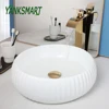 YANKSMART Round Bowl Bathroom Washbasin Sink White Ceramic Minimalist Counter Top Vessel Vanity with Faucet Pop-up Drain Set 1