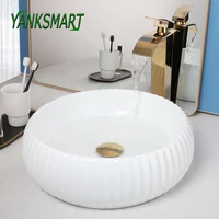 YANKSMART Round Bowl Bathroom Washbasin Sink White Ceramic Minimalist Counter Top Vessel Vanity with Faucet Pop-up Drain Set 1