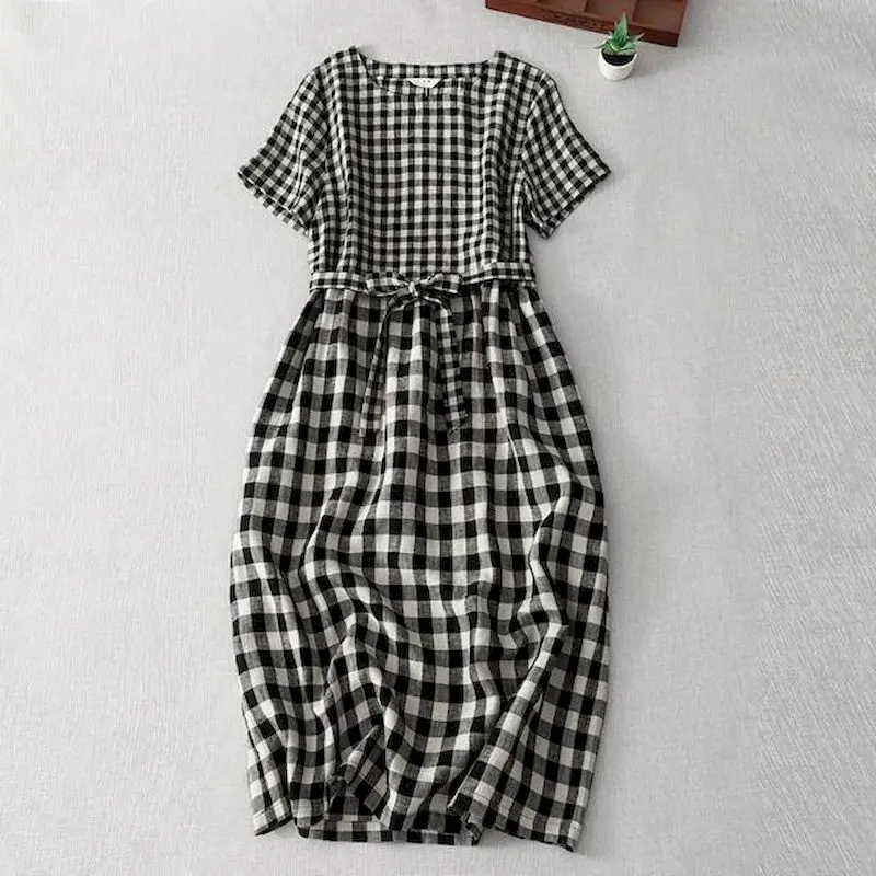 

Vintage Plaid Dress Women Casual Loose Short Sleeve Dresses Fashion Lace Up Waist Mid Length Dress Summer Trend Thin Y2k Clothes