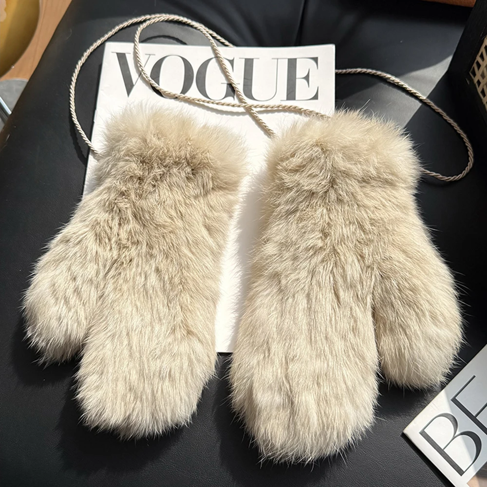 Women's Winter Real Rex Rabbit Fur Gloves Warm Thick Ladies Fur Mittens Elastic Girls Ski Glove Mitts Elastic Soft With String