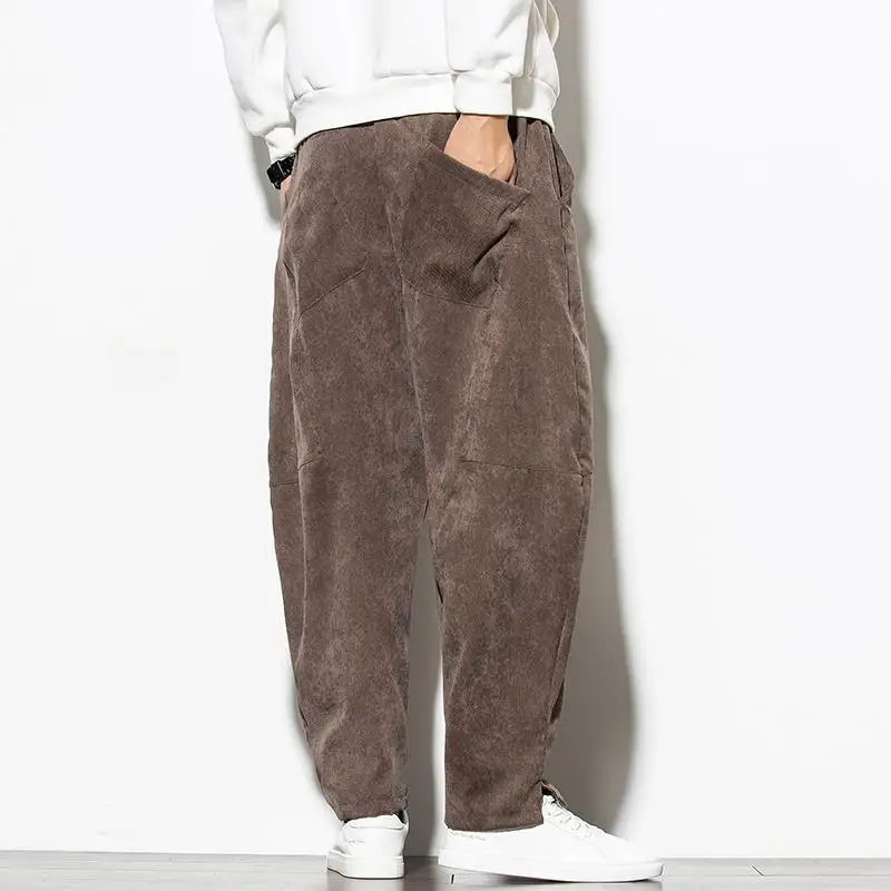 Wide Leg Pants Spring Autumn Solid Color Vintage Corduroy Wide Leg Trousers Man Elastic Waist Pockets Casual All-match Pants Male Clothing