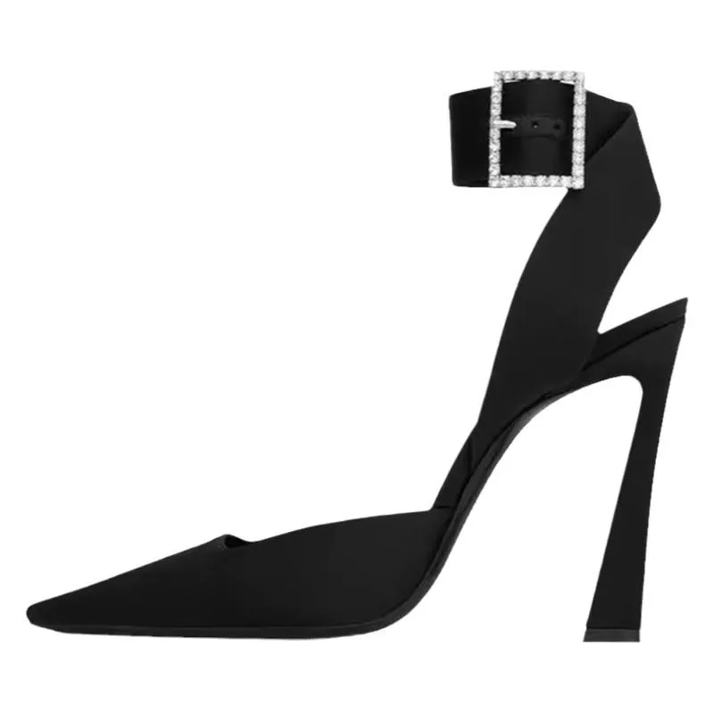 

Ladies Bling Square Bukcled Ankle Belt Black Silk Sandals High Heel Pointd Toe Summer pumps Femmes Talon Runway Dress Shoes