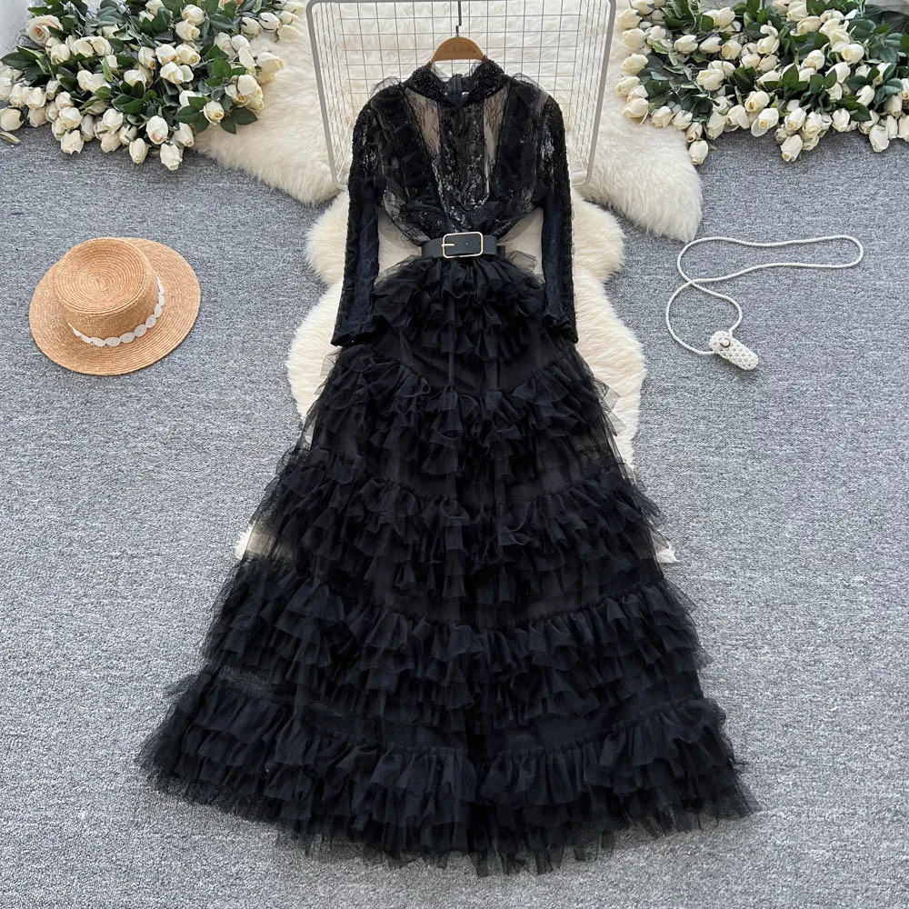 Elegant Embroidered Sequins Long Dresses Autumn Women Layer Ruffles Cake Full Sleeve Evening Party Vestidos Mesh Tulle Long Robe