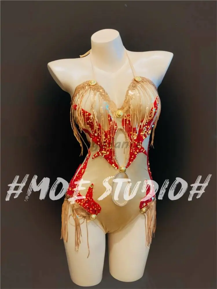 

New Sexy Women Tassel Bodysuit Bar Singer Dance Team Leader Gogo Costume