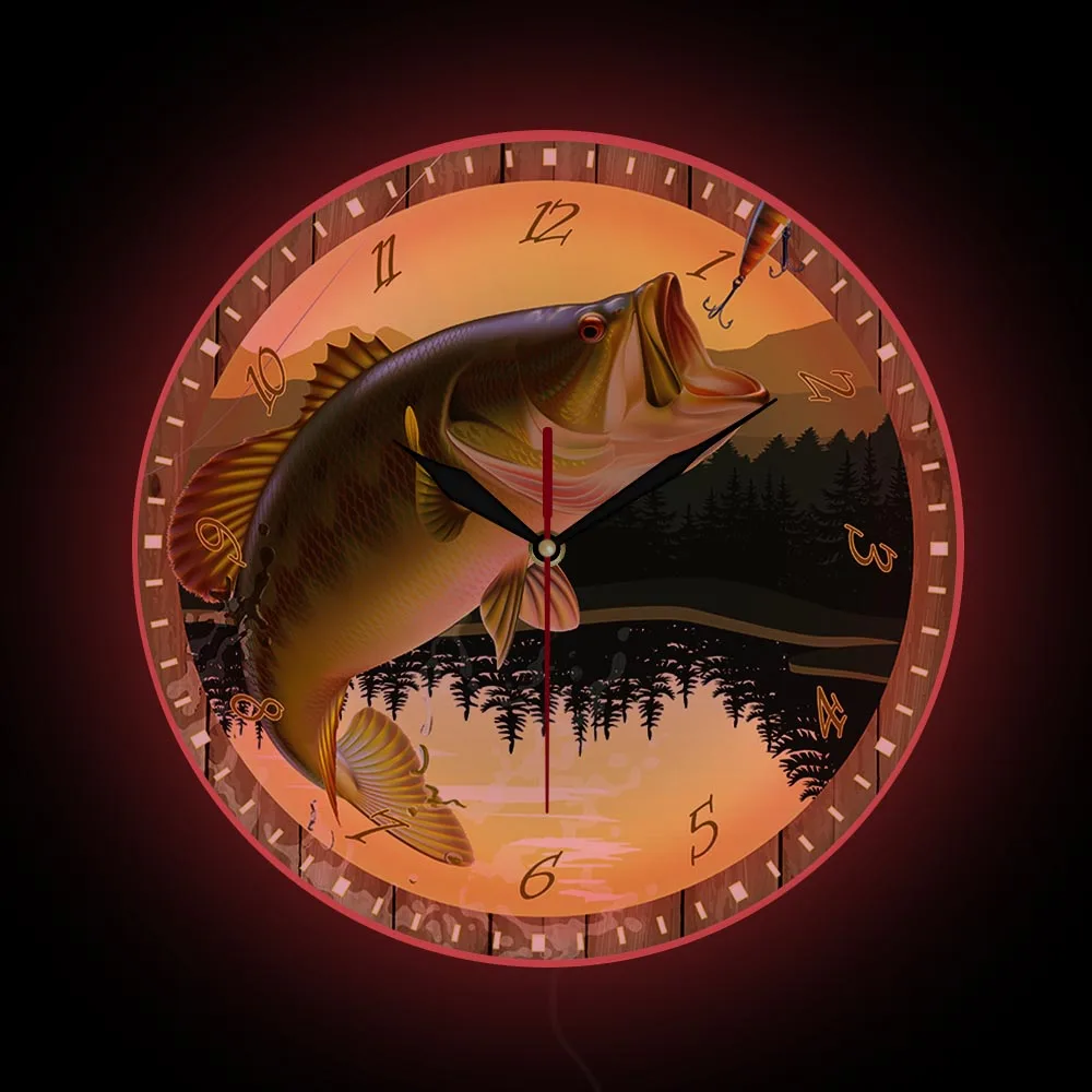 Bass Fishing Led Nightlight Orologio Da Parete Lake Hunt Cabin Rustic Home Decor Design Moderno Orologio Da Parete Illuminato Per Fisherman Man Cave