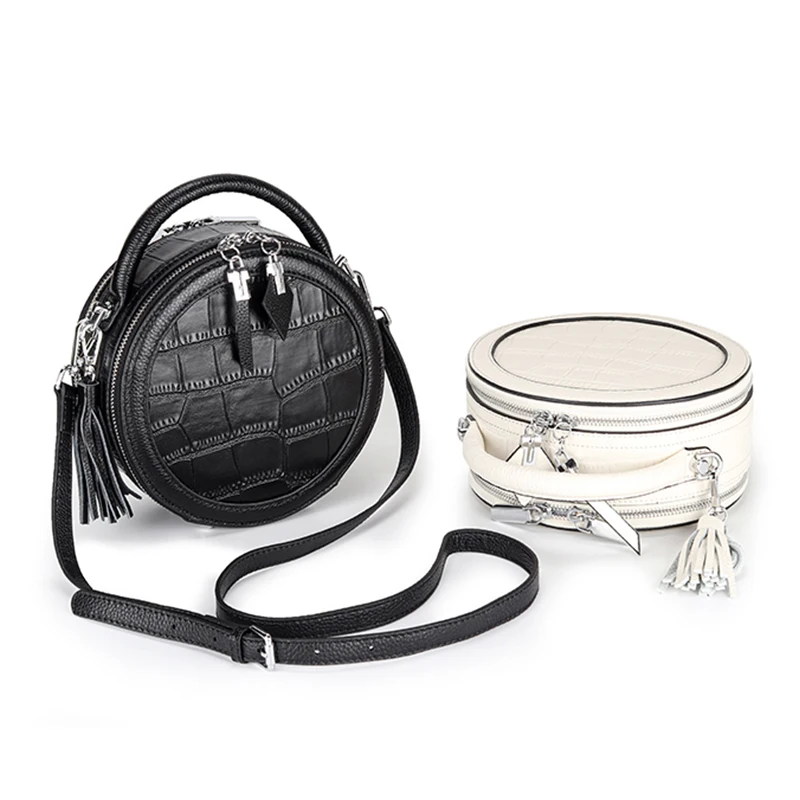 2022 NEW Embossed Crocodile Pattern Cow Leather Crossbody Bag Double Zipper Closure Tassel Zipper Shoulder Circular Bag Fashion