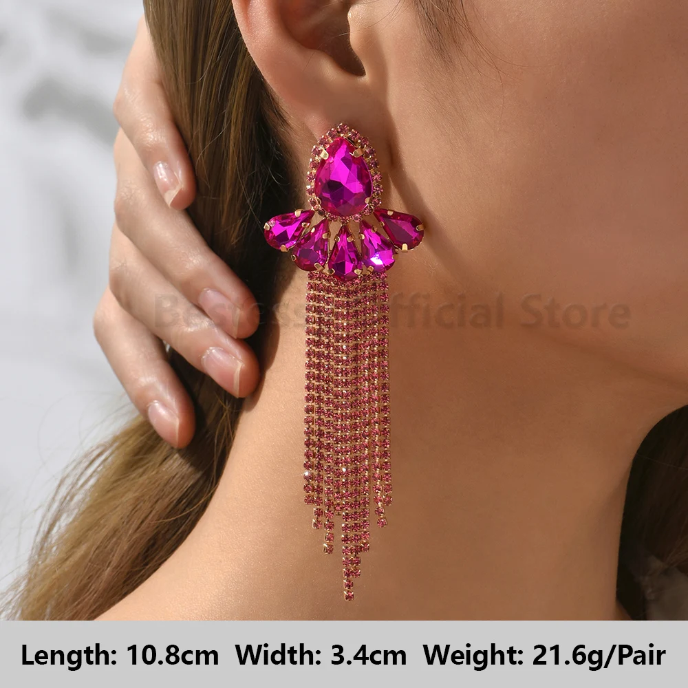 AD Beads Crystal Silk Tassel Rhinestone Earrings Or Pendant - 80mm Length, 10mm Cap, 25 Color Options (Style 1 Pink) - View #5