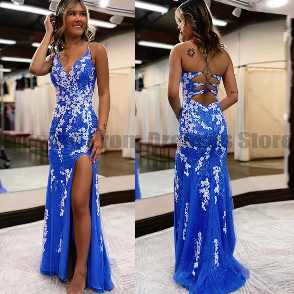 

Blue Women's Evening Dresses Sexy V-Neck Open Back Sleeveless Princess Prom Gowns Lace Applique Side Split Formal Party 2023 De