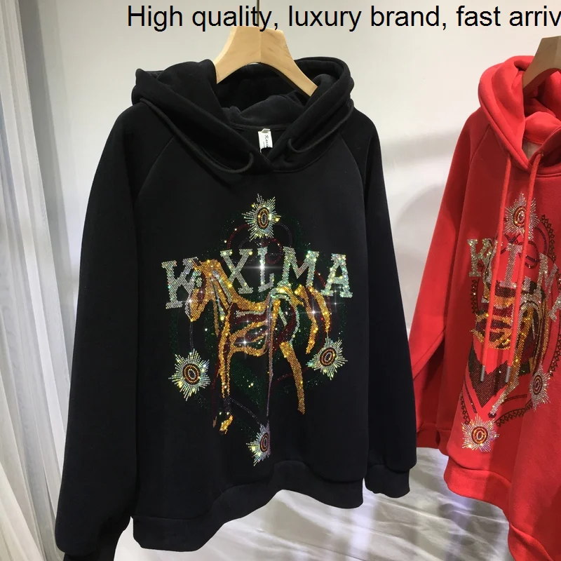 

Women Thicken Velvet Hoodie Top Trendy Autumn Winter Hooded Pullovers Blingbling Hot Drilling Long Sleeve Casual Sweatshirt