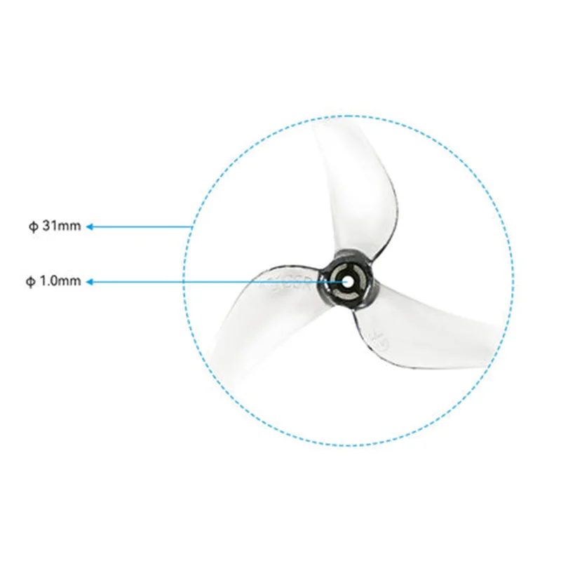 Hélices de rechange pour drone FPV micro, transparentes fluorescentes, sur fond noir
