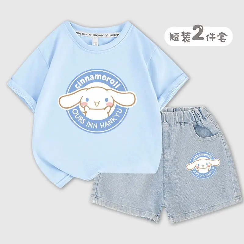 

Sanrioed Kids Summer Suit Cinnamoroll Boy Girl Short Sleeve Shorts Two Piece Fashion Cartoon Cotton T-Shirt Denim Shorts Casual