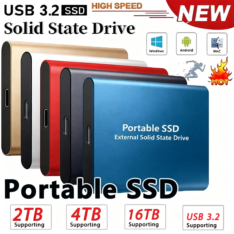 ฮาร์ดไดรฟ์ภายนอก 1TB แบบพกพา SSD 2TB ไดรฟ์โซลิดสเตตภายนอก USB 3.2/Type-C ฮาร์ดดิสก์ความเร็วสูงสำหรับพีซี/แม็ค/โทรศัพท์ 1