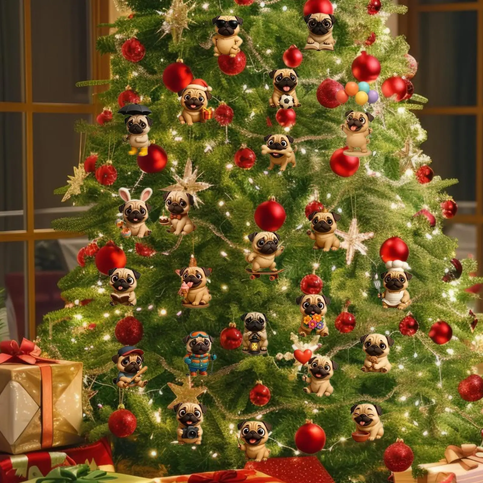 Pug Christmas Advent 2025 24 Days 2D Acrylic Dog Xmas Tree Decoration Pug Tree Ornament Countdown Calendar for Kids Adults Gifts