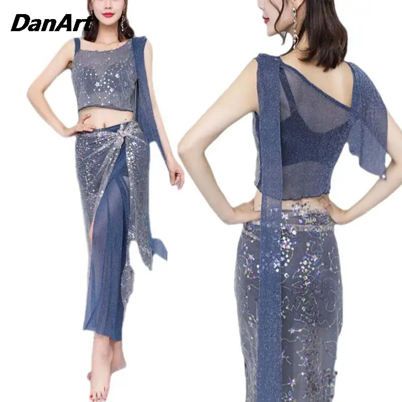 

Women Belly Dance with Colorful ​Sequin Embroidery SexyTop+Split Skirt Costume Set Lady Off Shoulder Fairy Performance Outfit