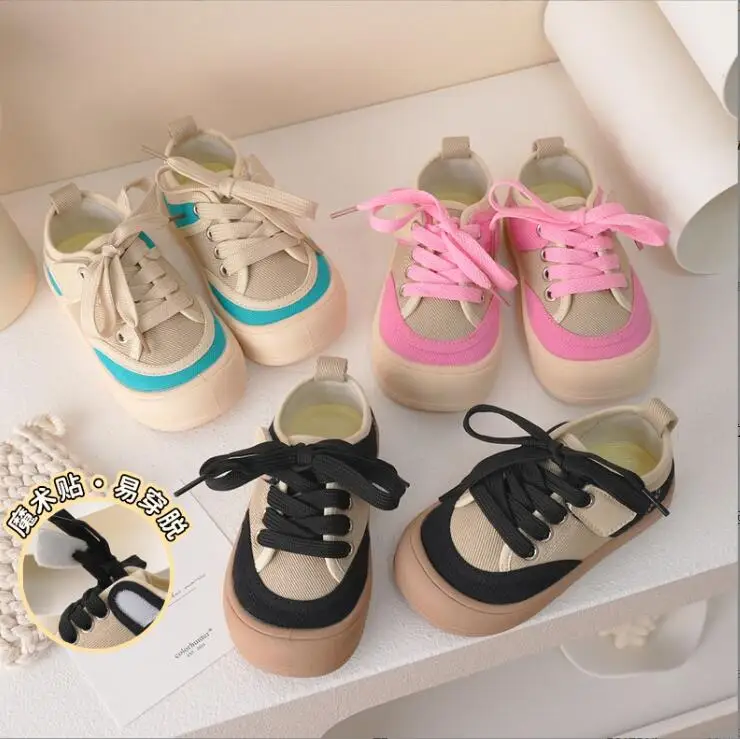 Children's Canvas Shoes 2023 Spring New Boys' Casual Cloth Shoes Girls' Fashion Color-blocking Fake Lace-up Baby Soft Soles Shoe