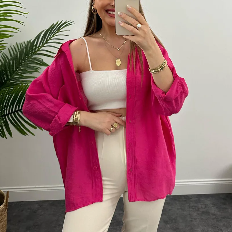 Autumn Winter Solid Casual Loose Blouse Women Long Sleeve Button All Match Lady Tops Vintage Fashion Shirts Sexy Female Clothes