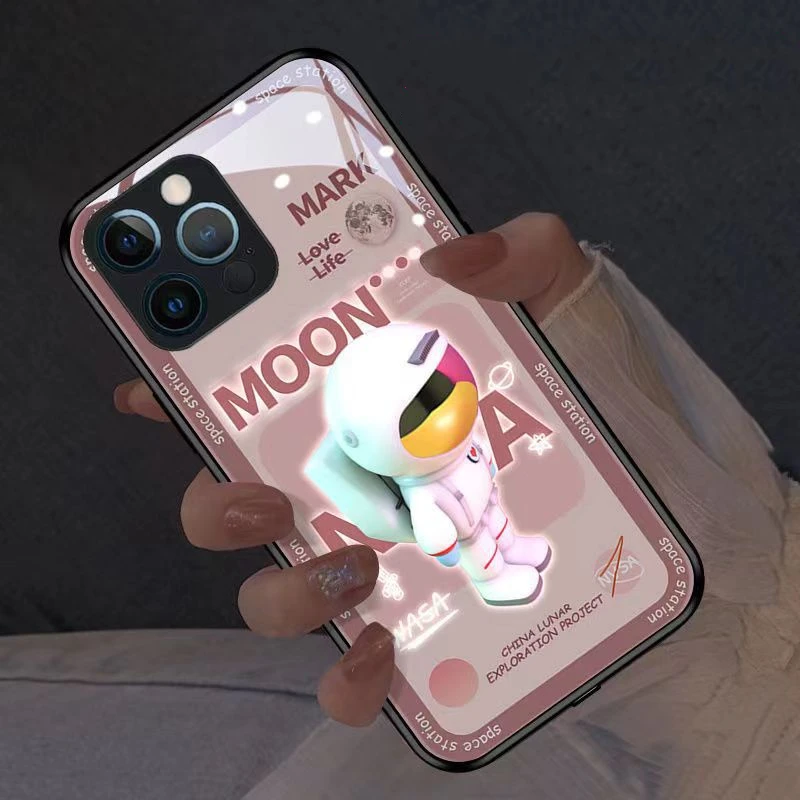 

Cool Astronaut LED Light Glowing Luminous Tempered Glass Back Phone Case for OPPO Reno 4 5 6 7 8 9 Find X5 Pro Plus SE Cover