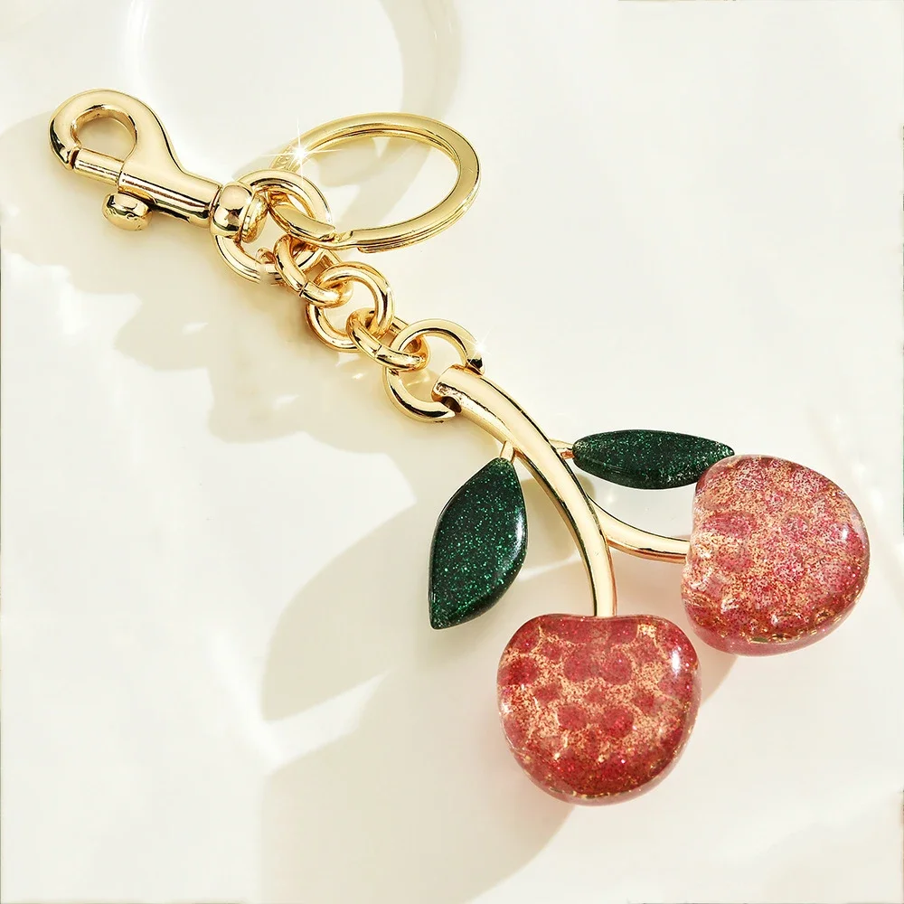 Cherry Keychain With Rhinestones - Sparkly Alloy Keyring & Bag Charm In Red