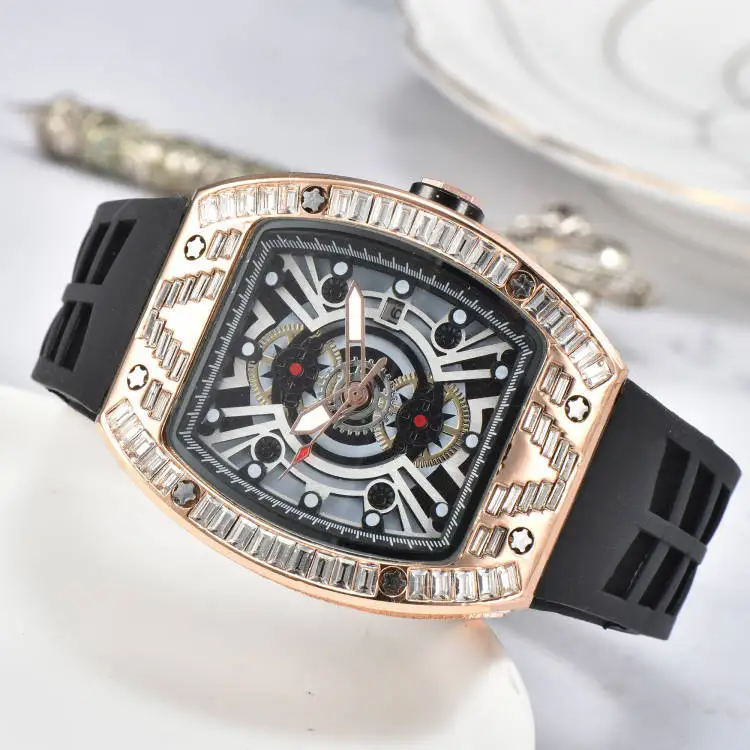

The latest RM personality fashion imitation ceramic wine cask type men's watch sense large diamond quartz Reloj Hombre