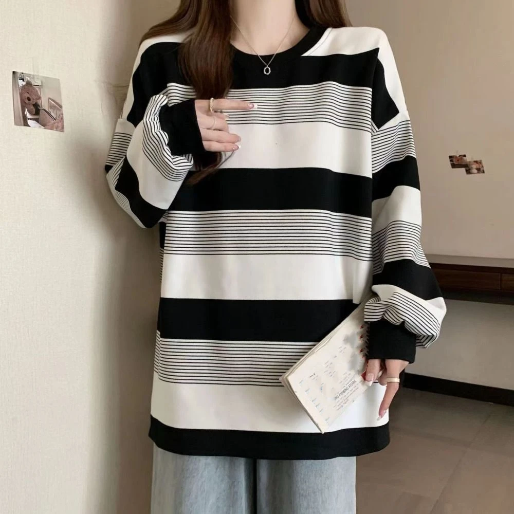 Simple Retro Long Sleeve T Shirt Loose Chic Sweatshirts for Women Stylish Plus Size Striped Blouse Autumn
