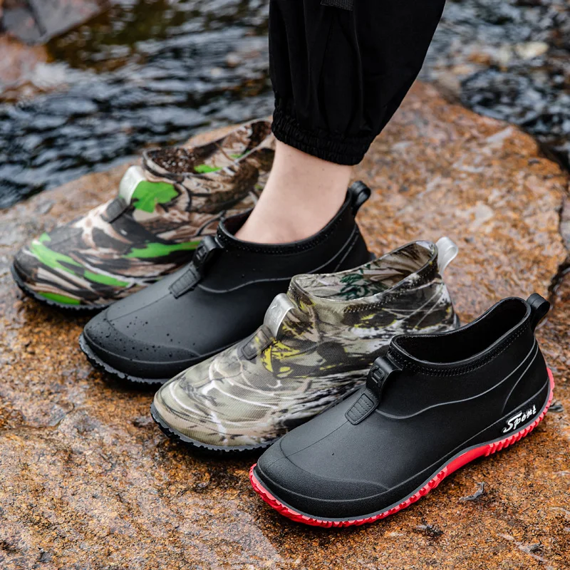 Low-Top Camouflage Men's Rain Boots Slip-On Work Shoes Anti-Slip Waterproof for