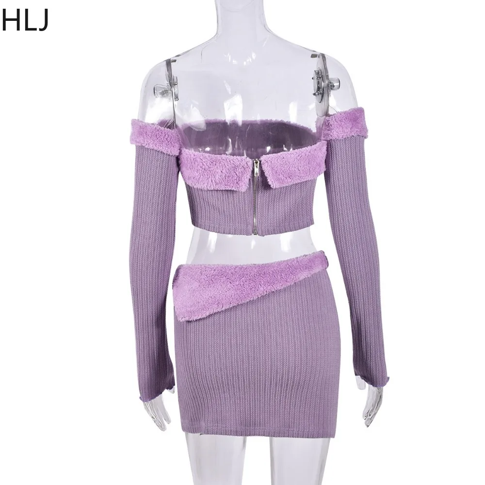 HLJ Purple Sexy Fur Patchwork Mini Skirts Two Piece Sets Women Long Sleeve Off Shoulder Crop Top+Skirts Outfits Fashion Clothing