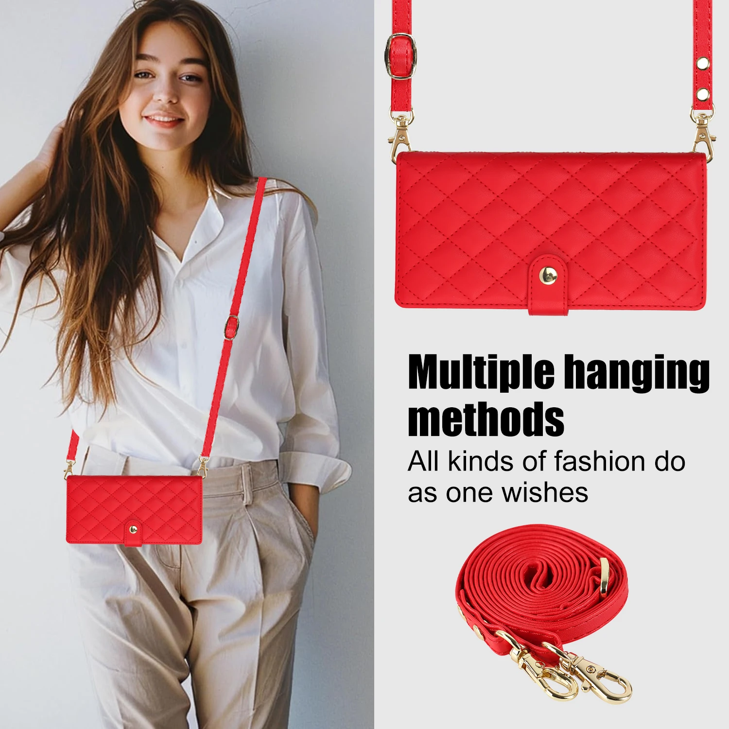Crossbody Zipper Card Slot Leather Wallet Case with Lanyard Cover