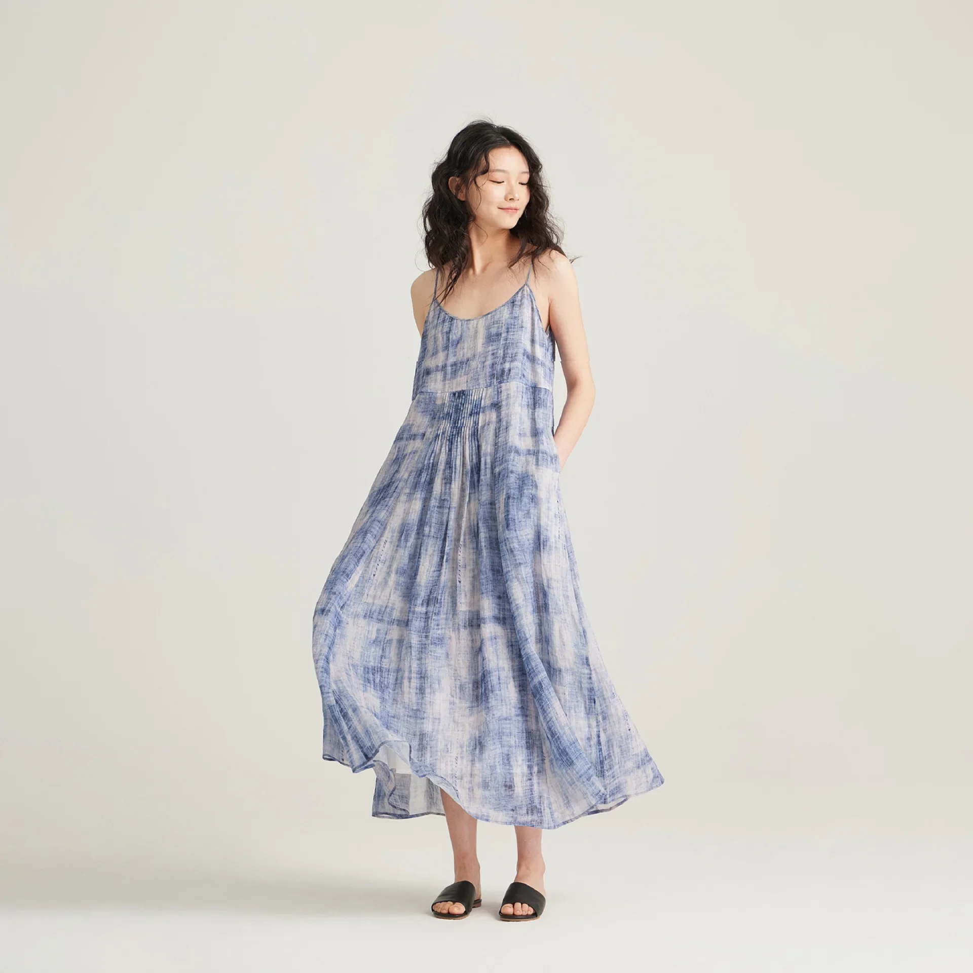 women's two-piece set with ramie print, flowing large hem shirt, top with suspender dress, long skirt, elegant women's clothing