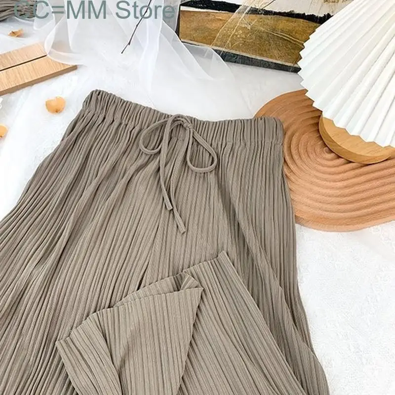 New Drawstring Stripe Wide Leg Pants Women Summer Ankle Length Bottom Elastic High Waist Knitted Folds Casual Pants