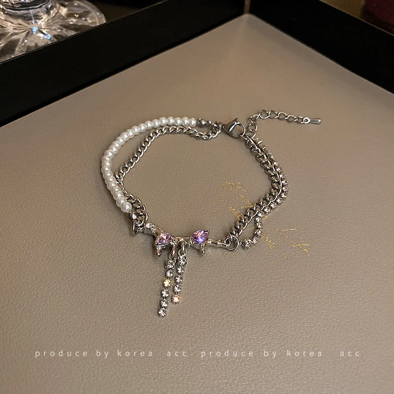 SHMIK корейский стиль Роскошные Жемчужные Кристальные двухслойные браслеты модные подвески Стразы с бантом элегантные аксессуары женские цепи