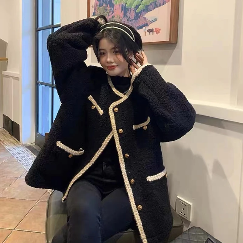 New Red Wool Coat Sweet Women Fashion Vintage Button O-neck Single Breasted Casual Long Sleeve Solid Outerwear