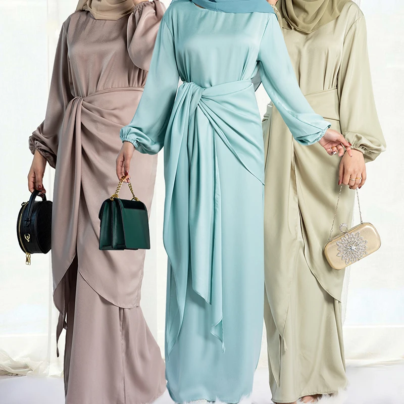 

2 Piece Under Abaya EID Muslim Shiny Tie Waist Wrap Turkey Satin Velvet Inner Abaya Set Ramadan Islamic Clothing High Quality