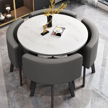 Modern Circular Wood Dining Table Set for 4 with PU Leather Chairs and Coffee Table