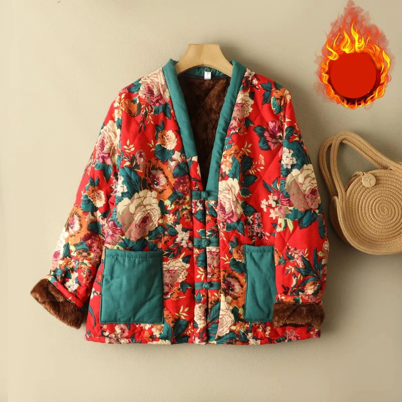 

Chinese Style Vintage Cotton Coats Thicken Warm Fashion Floral Printed Casual Loose V-Neck Single Breasted Mom Outdoor Jackets