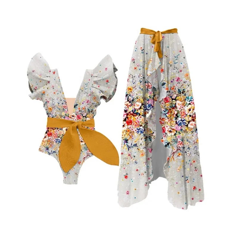 2024New Bow Print One-Piece Women's Swimwear Suit French Retro Cover Belly Slimming Swimsuit