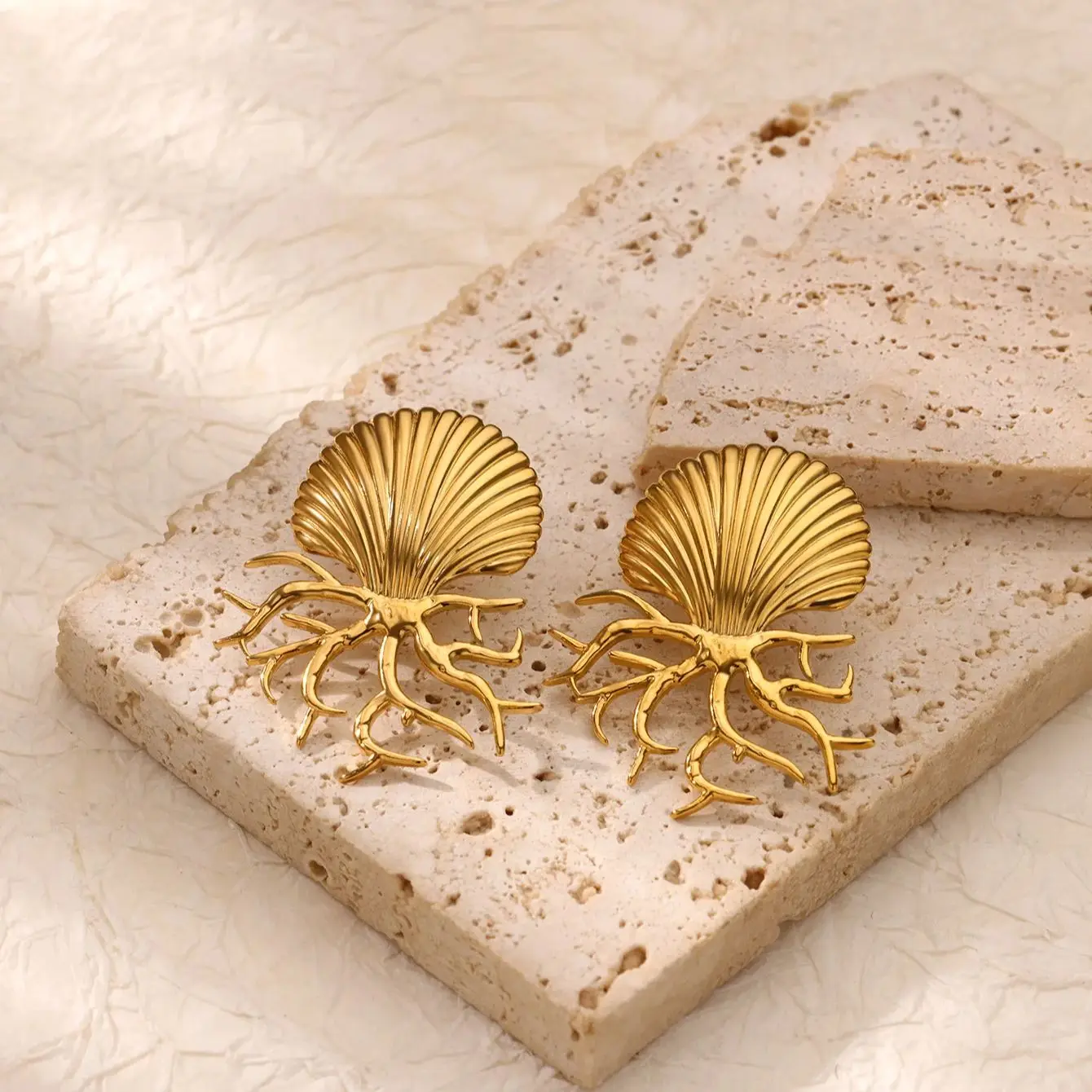 Exaggerated Shell Earrings Gold Color Stainless Steel