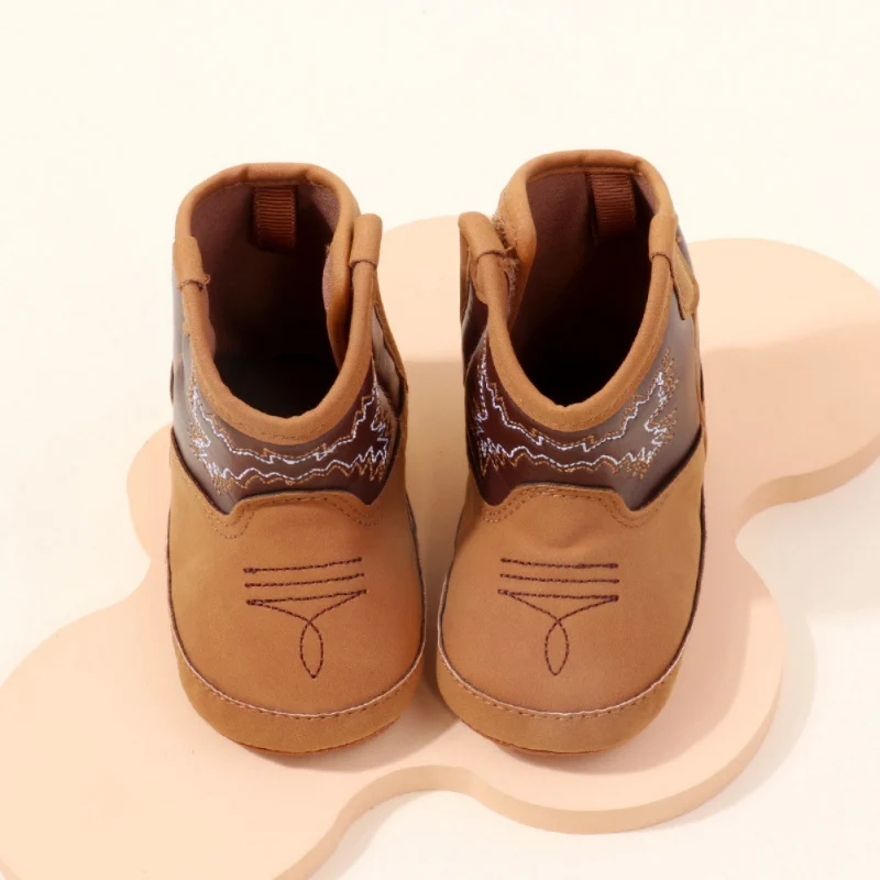 0-12 Months Baby Boots Soft Brown PU Leather Tall Cowboy Boots New Style Spring and Autumn Prewalking Shoes for Boys and Girls 2