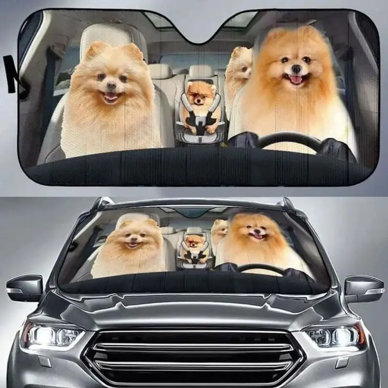 

Fluffy Pomeranian Family Puppies Lover Auto Sunshade Dog Driver Gift For Friends Windshield Sunshade