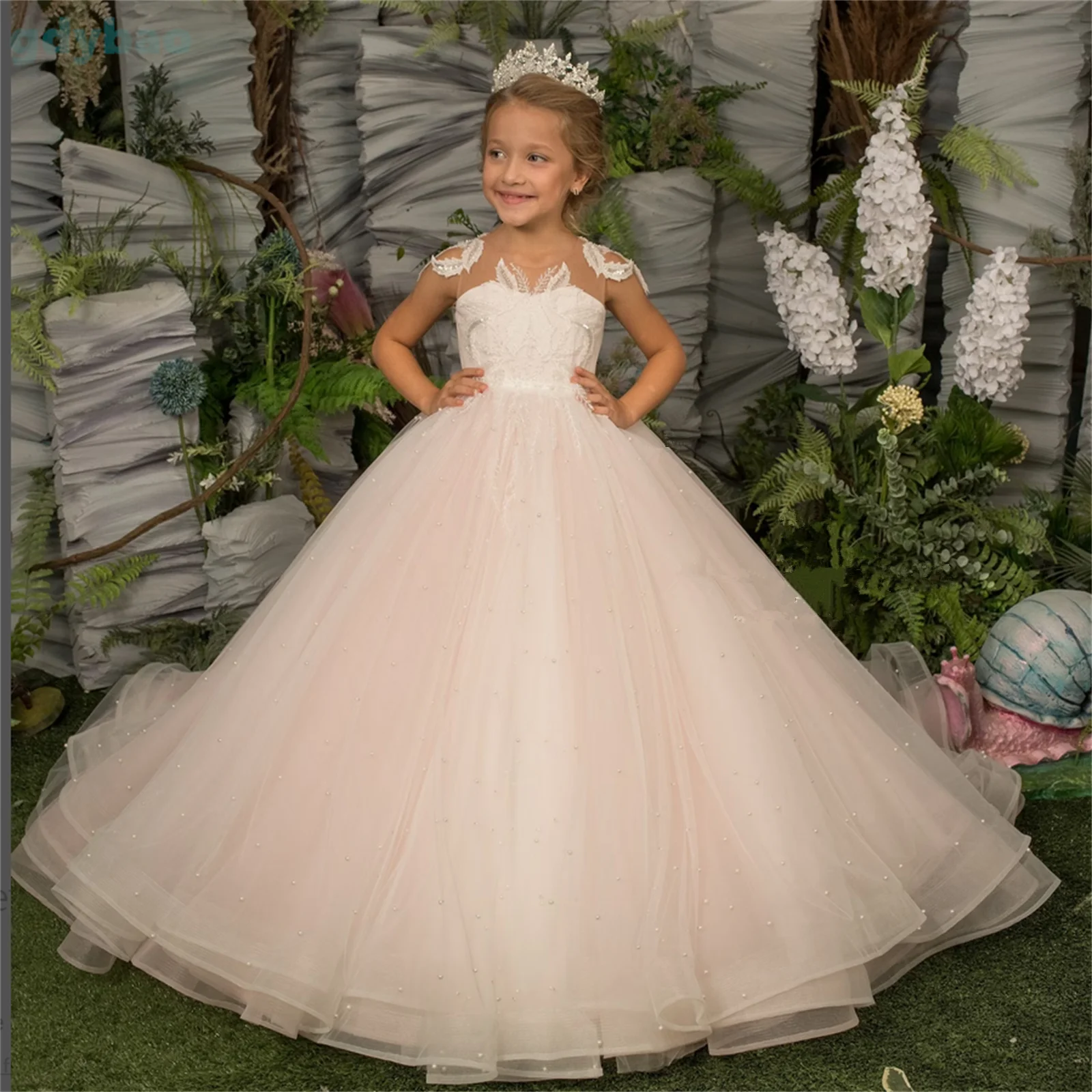 

Pearl Mesh Lace Glitter Dresses 2-14 Year Old Birthday Party Gown Party First Communion Floor Length Dress