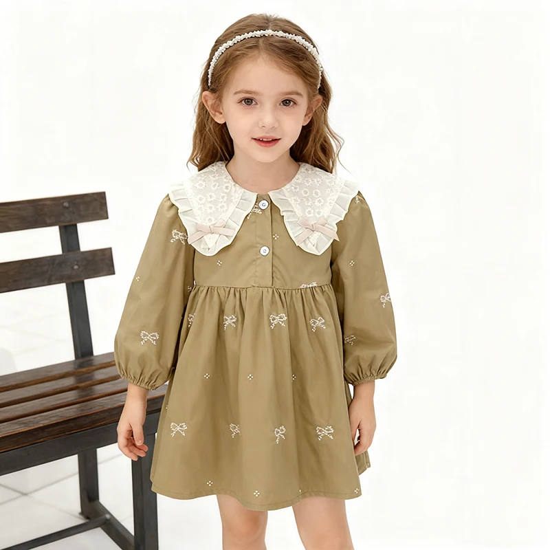 ربيع الخريف عقدة شعر للفتيات فستان 1-7 سنوات الأطفال طويلة الأكمام المطرزة دمية الرقبة فستان طفل أطفال القطن الخالص فساتين الأميرة