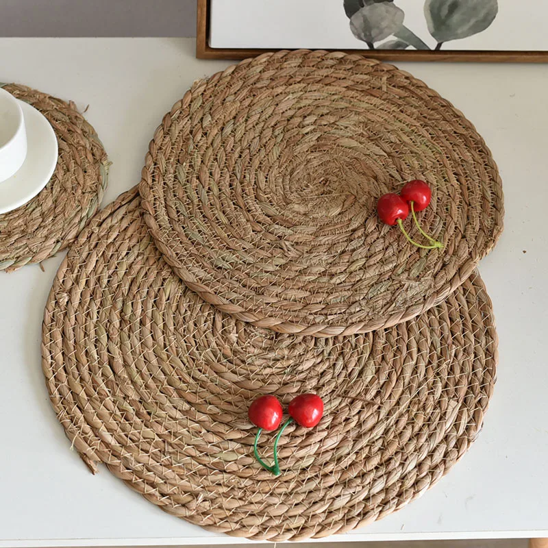 Round Cucurbit Placemats Woven Rattan DiningTable Mat Water Gourd hyacinth Placemat Round Pad Dining Table Mat Straw Cup Coaster