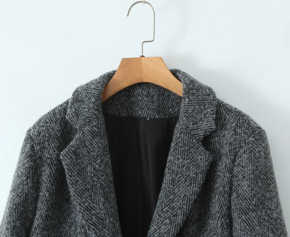 2 Pieces 1 Set CHILL Notched Tweed Weave Oversized Blazer High Waist Package Hips A-line Mini Skirt Suits Matching Gray