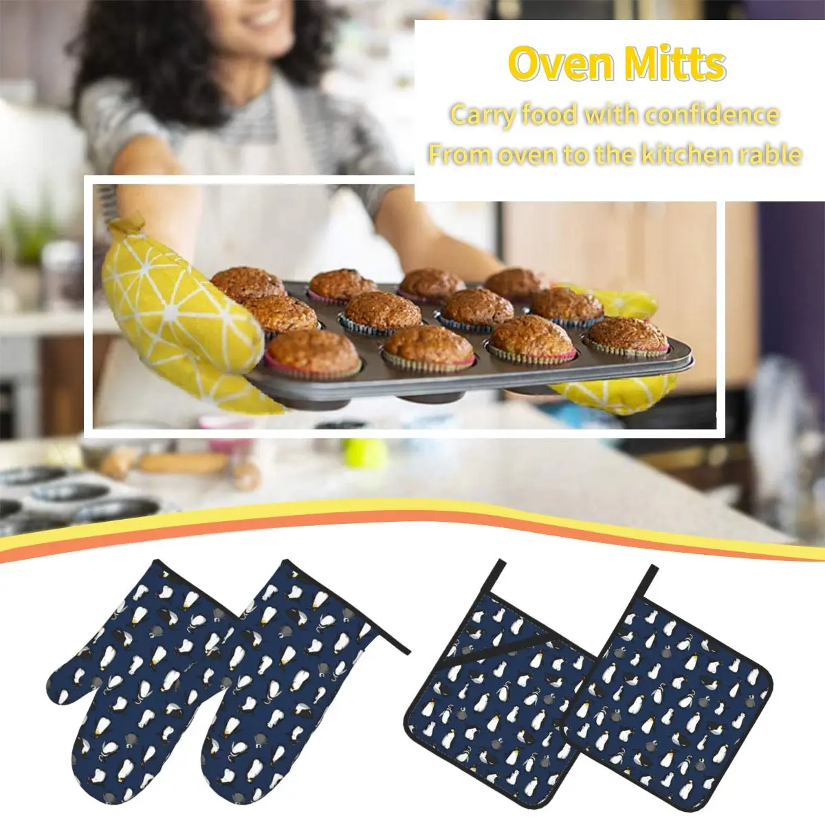 Cute Penguin Pattern Dark Blue Variant Oven Mitts and Pot Holder Sets of 4 for Baking Kitchen Cooking Grilling Resistant Gloves
